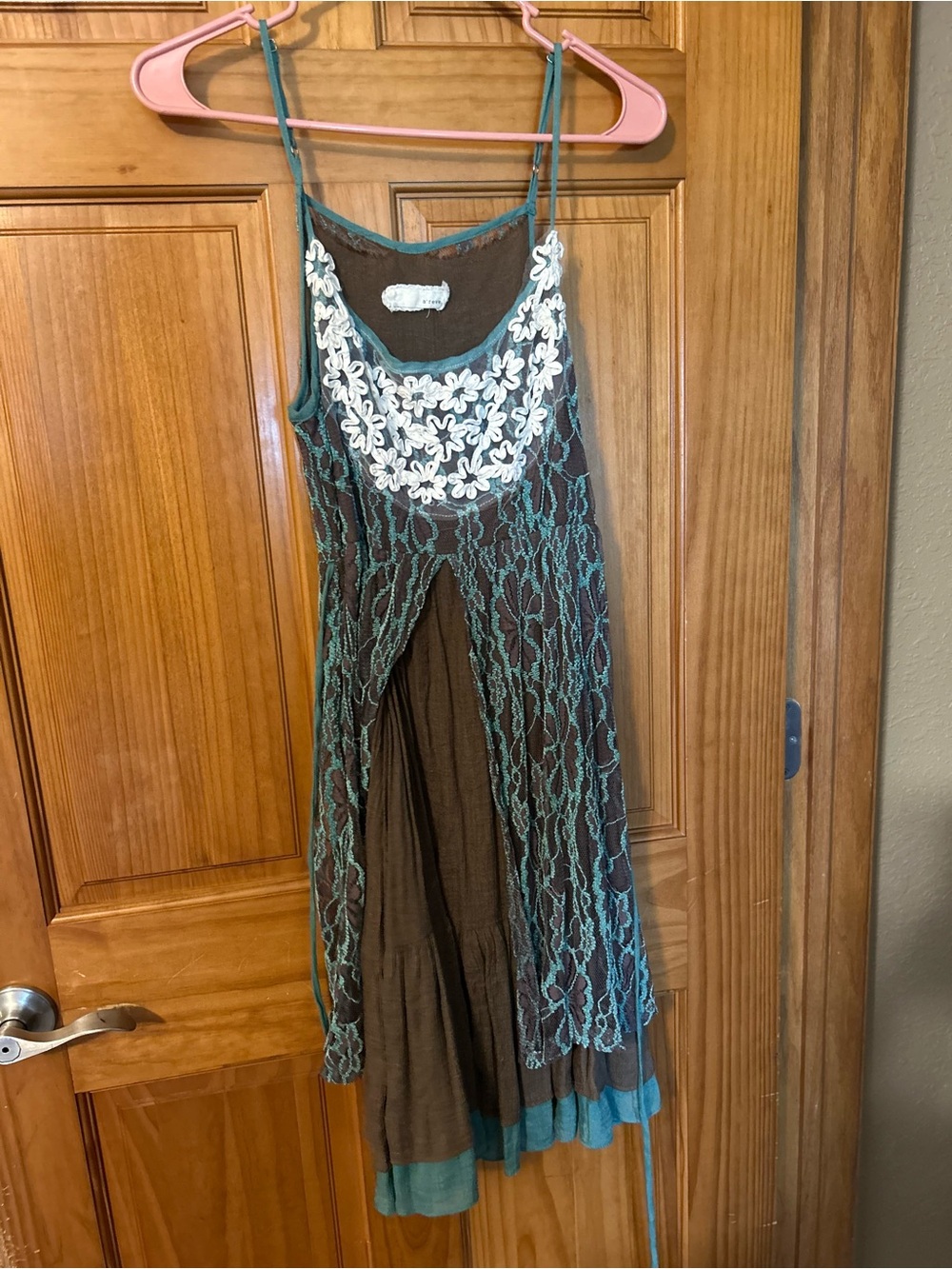Areve Brown Dress with Teal Lace and White Floral Applique